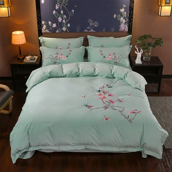 

Luxury Chinese Style Flowers Bird Embroidery Winter Velvet Flannel Bedding Set Green Duvet Cover Bed Linen Bed Sheet Pillowcases