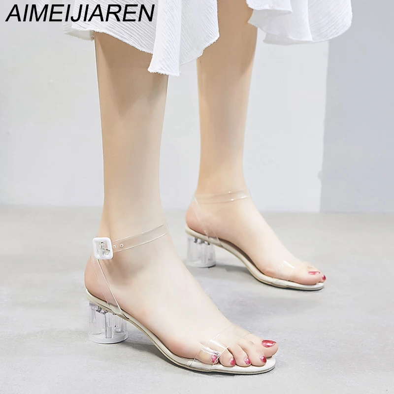 

Elegant Women Sandals Square Med Heels Female Sandals Summer Transparent Heeled Party Shoes Sapato Feminino Chaussures Femme