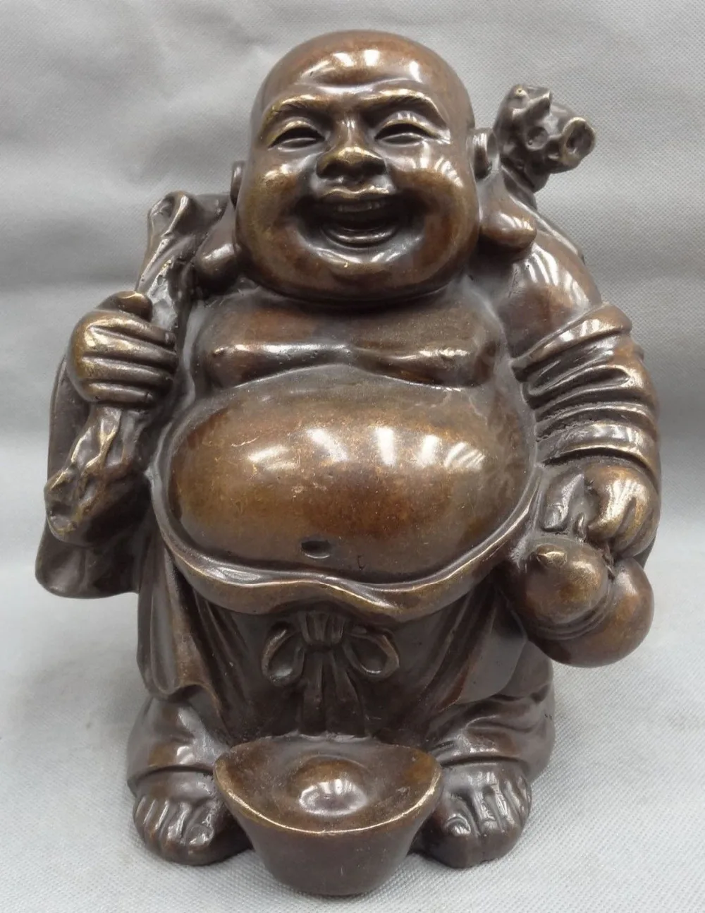 

9" Chinese Bronze Buddhist YuanBao Money Bag Happy Laugh Maitreya Buddha Statue