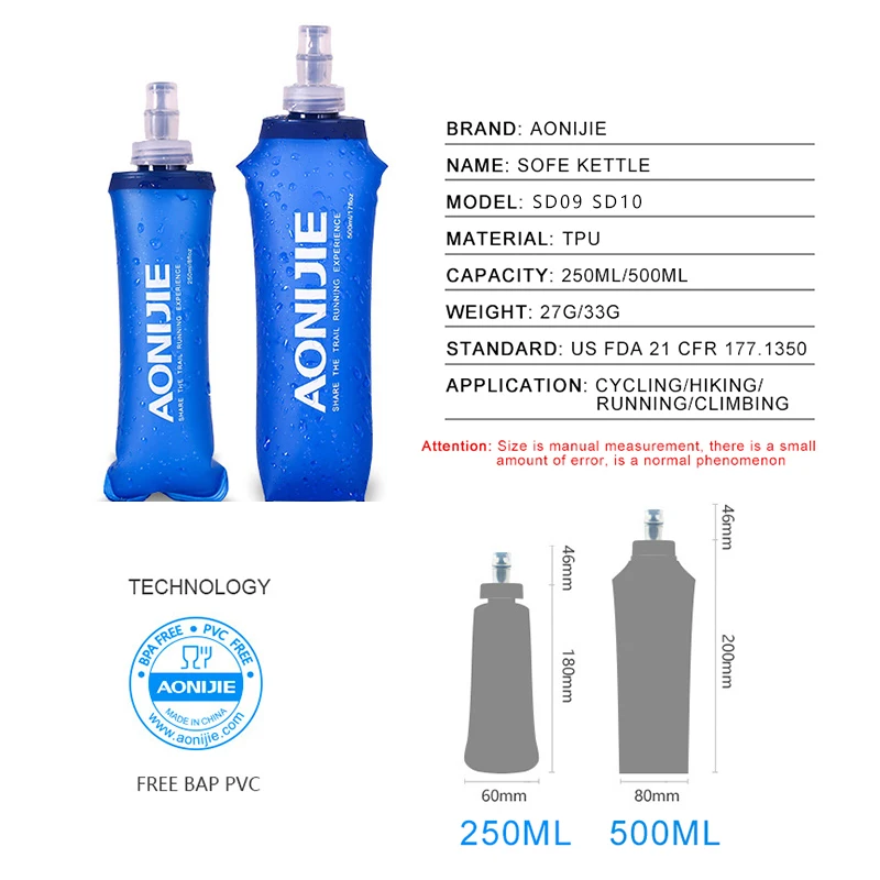 AONIJIE 170 مللي 250 مللي 500 مللي الرياضية BPA الحرة لطي طوي لينة المياه حقيبة المياه زجاجة غلاية قارورة المجموعة المائية المثانة AONIJIE 170 مللي 250 مللي 500 مللي الرياضية BPA الحرة لطي طوي لينة المياه حقيبة المياه زجاجة غلاية قارورة المجموعة المائية المثانة