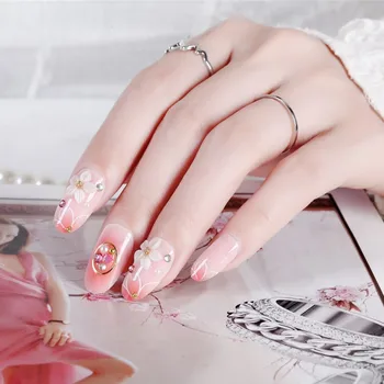 

24pcs/set Long Fake Nails For Women Shiny Pink Gradient diy 3D Flower Pearl Designs Press On False Nails Full Cover Tips