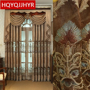 

Brown custom luxury European embroidery curtains for Living Room classic villa high-end curtains for Bedroom/ Kitchen Windows