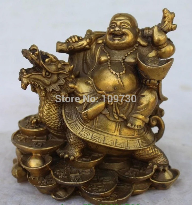 

002180 Chinese Copper Wealth Money Happy Laugh Maitreya Buddha On Dragon Turtle Statue