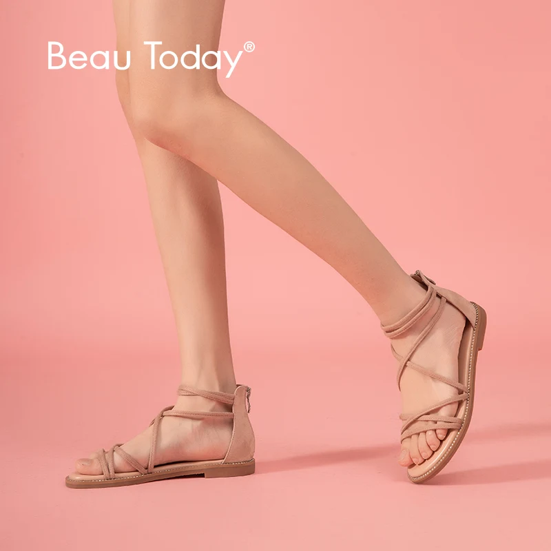 

BeauToday Flat Sandals Women Kid Suede Leather Zipper Closure Cross-Tied Cover Heel Ladies Summer Beach Shoes 33008