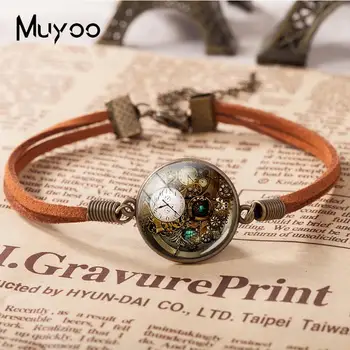 

2018 New Steampunk Leather Bracelet Accessories Steampunk Clock Bracelets Round Hand Craft Glass Cabochon Jewelry