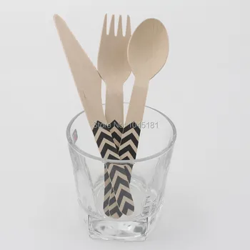 

144pcs Kids Birthday Party Favor Eco-friendly Wooden Cutlery Tableware Chevron Hand Stamped Wooden Party Fork Spoon Knife
