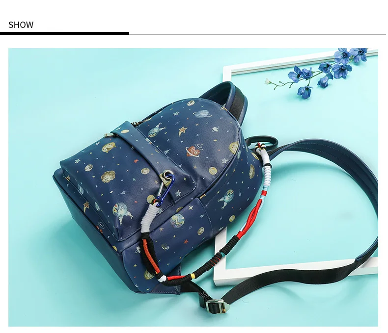 Girls Star Sky Space Planet Printing PU Backpack Women Big Shoulder BackPacks Dark Blue Faux Leather School bag for Teenagers (6)