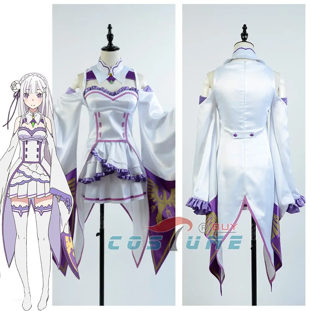 Re: nul Leven in een Andere Wereld van Nul Vrouwelijke Emilia Cosplay Kostuum Jas + Kraag + Hoofddeksels + Rok + kousen Re: nul Leven in een Andere Wereld van Nul Vrouwelijke Emilia Cosplay Kostuum Jas + Kraag + Hoofddeksels + Rok + kousen