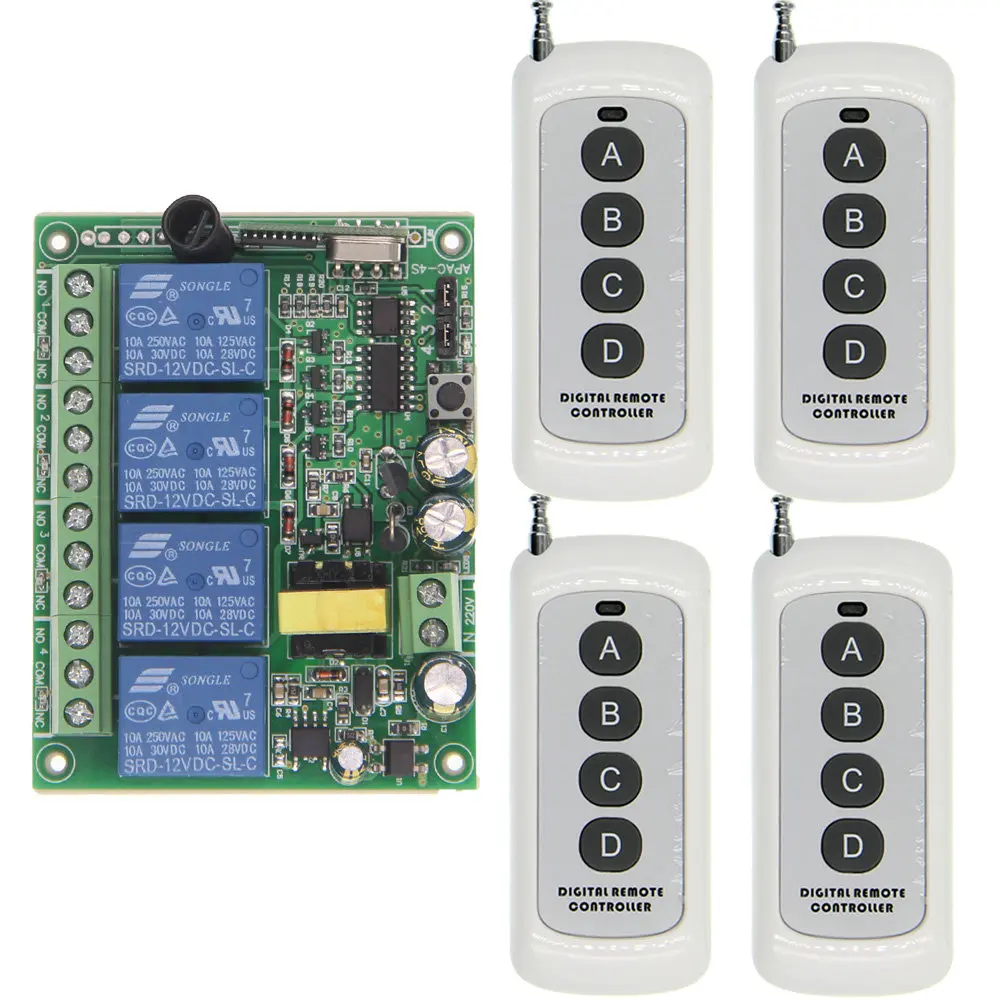 

500m AC 220V 4 CH Channel 4CH RF Wireless Remote Control Switch System Receiver + Transmitter, 315 433 MHz