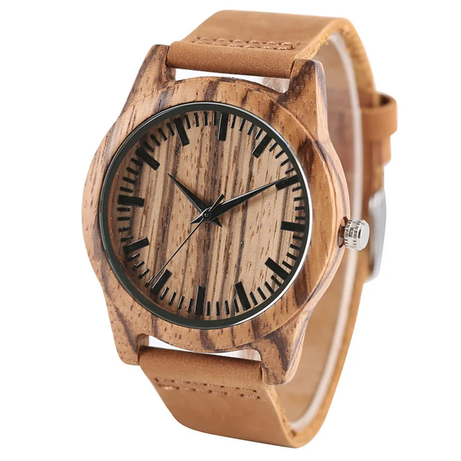 Creative Zebra Wooden Watch Nature Handmade Men Genuine Leather Band Strap Quartz Wrist Watch Reloj de madera 2