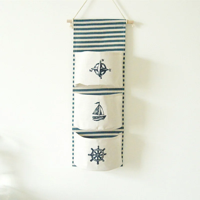 

Wall Hanging Storage Sea navy Cotton Linen Hanging Bag 3 Pockets Wall Mounted Wardrobe Hang Bag Wall Pouch lovely Toys Organizer