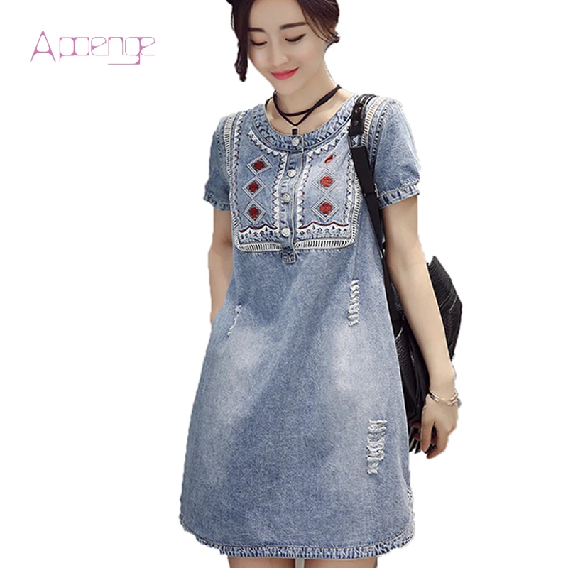 APOENG summer embroidery denim dress short sleeve retro jeans sundress ...