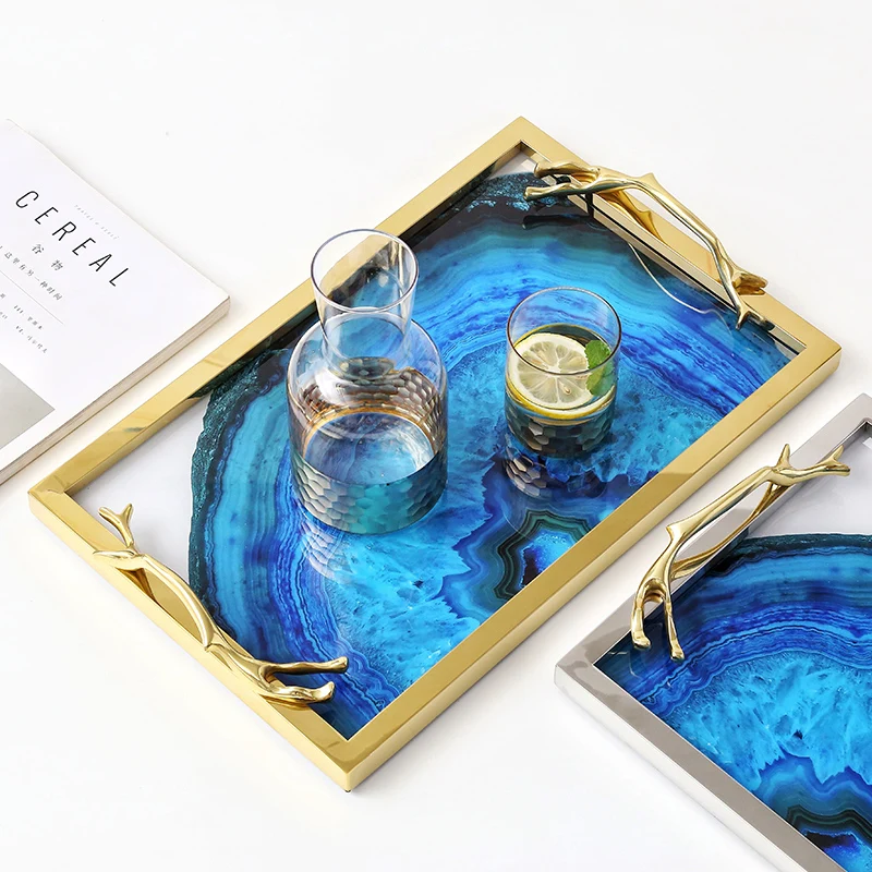 

Lake Blue Agate Pattern Rectangular Living Room Kitchen serving Tray Table Storage Tray Serving Platter