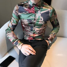 Новая рубашка мужская мода весна с длинным рукавом Камуфляжный принт мужские рубашки в стиле кэжуал зауженный крой, для вечеринки Высокое качество платье мужские s рубашки