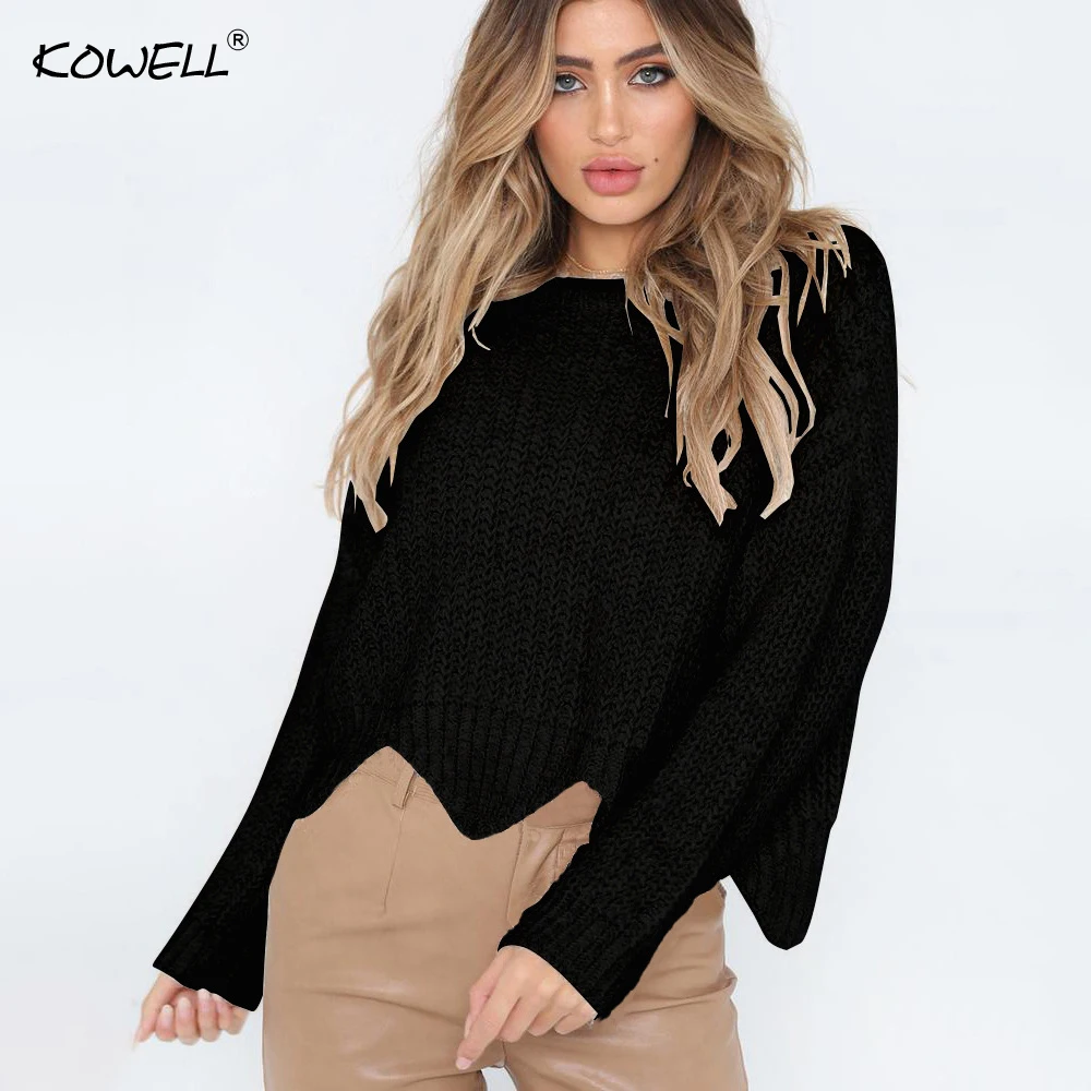 Autumn Winter Knitted Sweater O Neck Long Sleeve Elastic Knitwear Cotton Sweaters Casual Wave Hem Plus Size Short Sweater Women