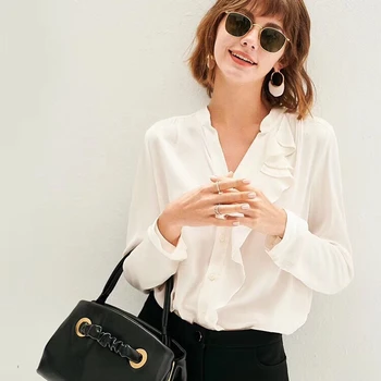

2019 fall new office lady career simple and elegant ruffles 100% silk shirt