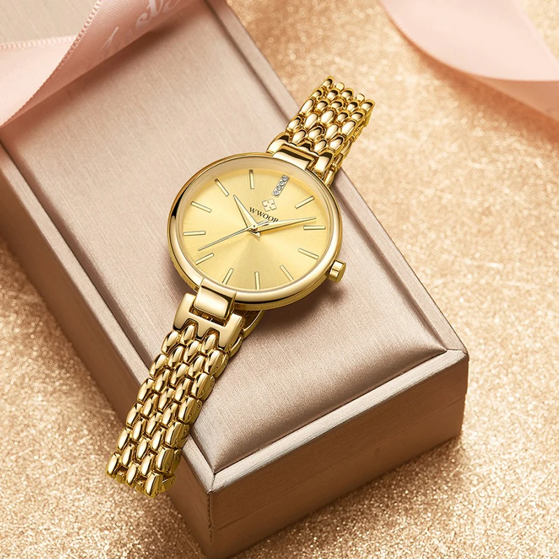 WWOOR часы под Золотое платье женские кварцевые Часы Дамские брендовые модные водонепроницаемые наручные часы с браслетом женские часы Relogio Feminino