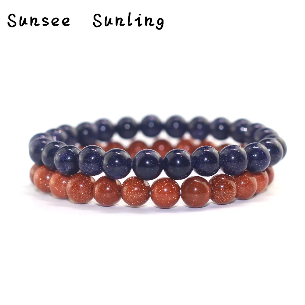 

2018 Christmas Friendship Men Women natural Couple Bracelet Simple Goldstone Blue Sand Stone Combination Beaded Couple Bracelet