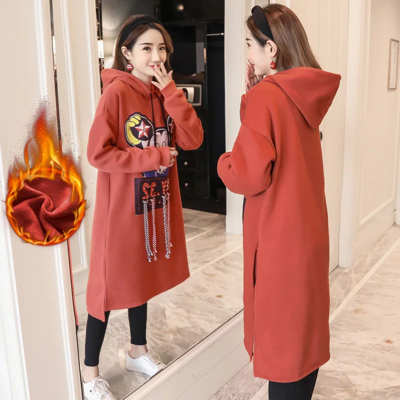

Maternity Dress 2017 Autumn Winter Korean Fashion New Pattern Increase Down Even Hat Long Sleeve Long Fund Pregnant Woman Dress