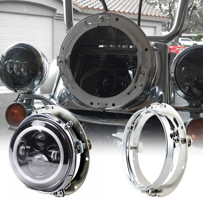 

7" High Low Beam White Angle Eye With Chrome Motorcycle LED Headlight Mounting Ring Bracket For FLD Touring