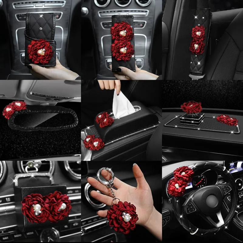 

Red Flower Car Steering Wheel Cover Car Neck Waist Pillow Universal Car Styling Headrest Cushion Pearl Red Rose Tissue Box Women