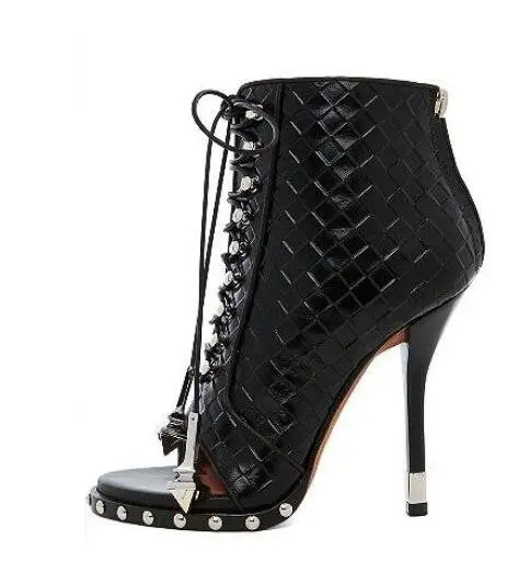 Newest Designer Black White Embossed Leather Open Toe Studded Ankle Boots Lace-up Gladiator Sandal Boots For Women Free Ship height=