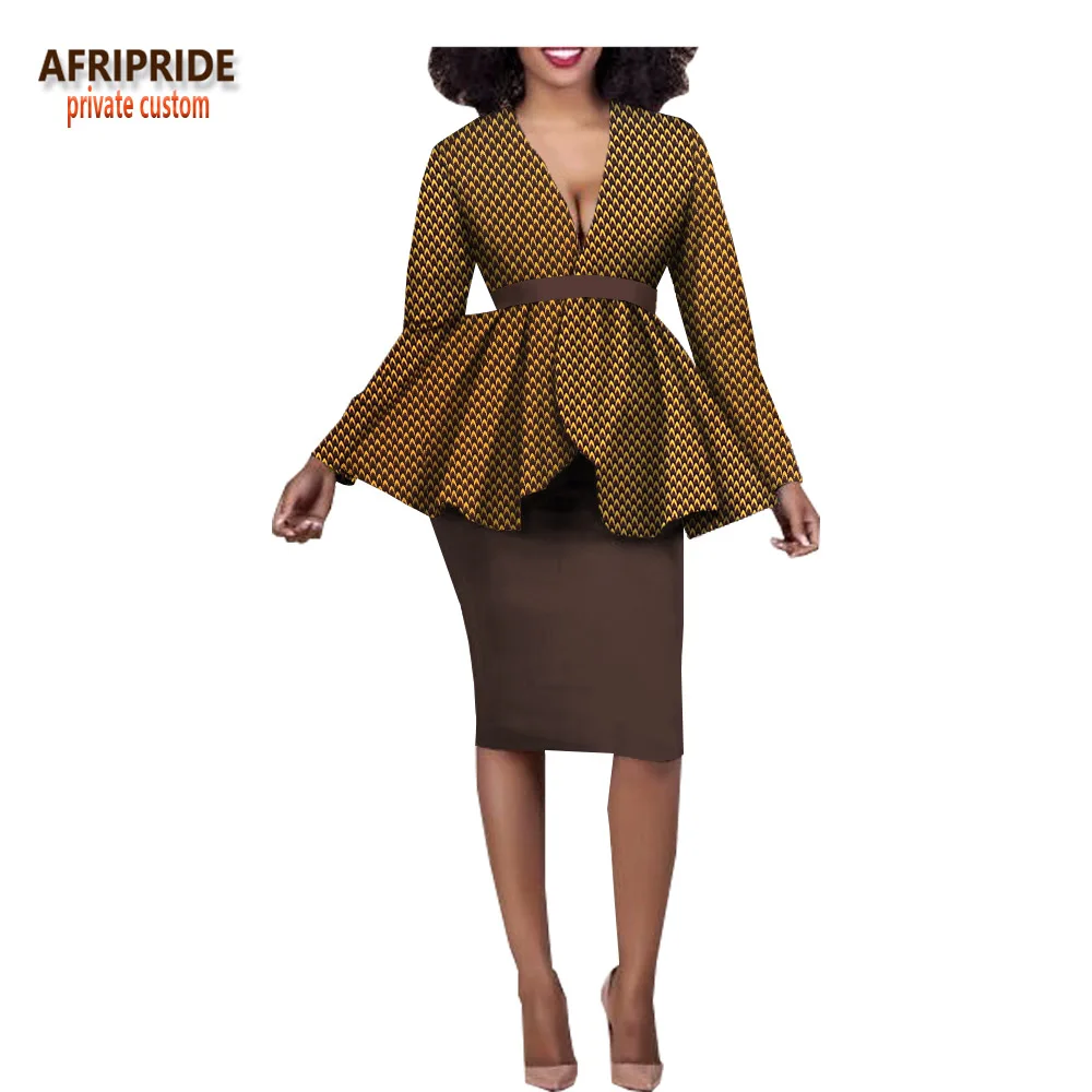 Весенняя женская повседневная юбка, комплект AFRIPRIDE, Африканский принт, длинный рукав, сверло вверх+ юбка-карандаш длиной до колена, Женский комплект A1826010