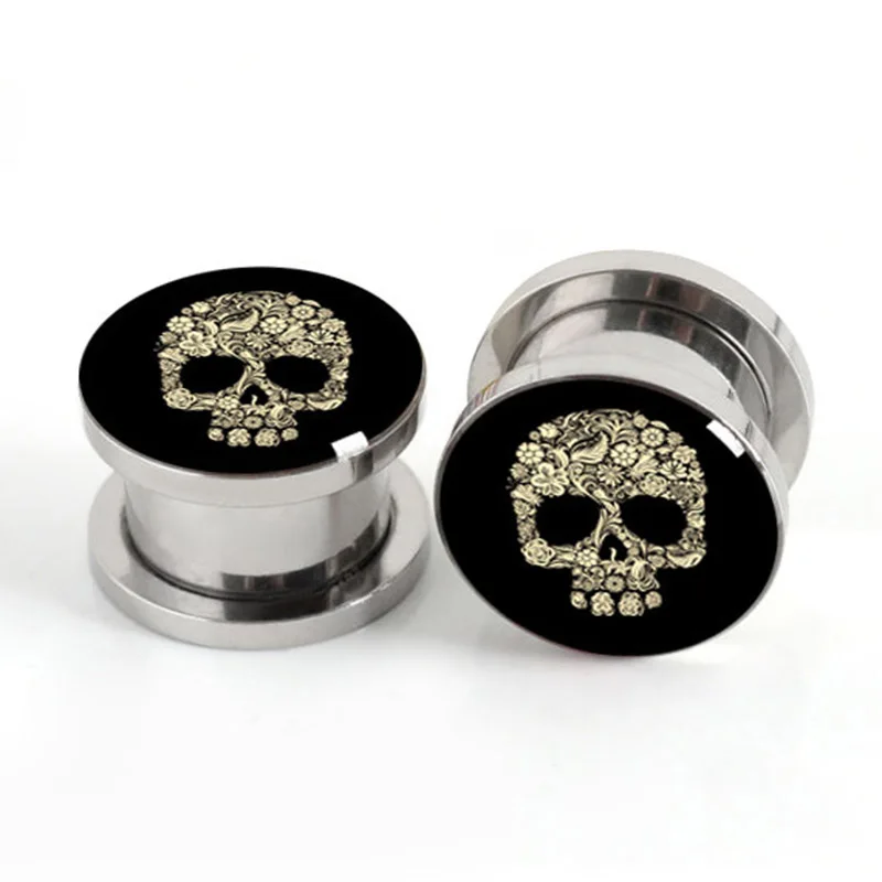 Pair of Skull Halloween plug gauges stainless steel screw fit ear plugs