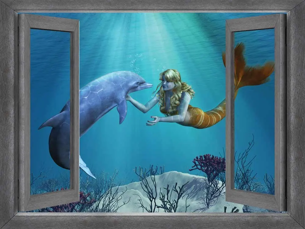 

3D Hot Mermaid and Dolphin Window Frame Window Mural Vinyl Bedroom Vinyl Wallpaper Wall Decals Stickers Christmas Wall Sticker