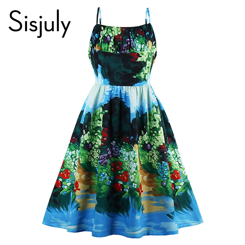 Sisjuly Vintage Dresses Ocean Style Summer Flower Print Green Elegant Dress Spaghetti Strap Sexy Women Party