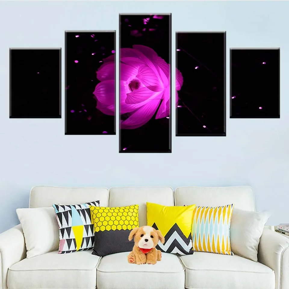 

Modular Poster Frame 5 Piece HD Print Purple Luminous Beautiful Flower Canvas Picture Painting Decorative Wall Art Living Room