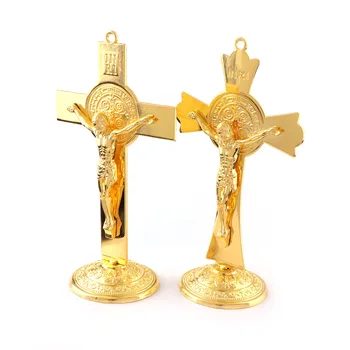 

Gold Color Fashion Jesus Catholic Christian Holy Crucifix Ornaments Cross Emmanuel Jesus Cross Statue with Base Figure Figurine