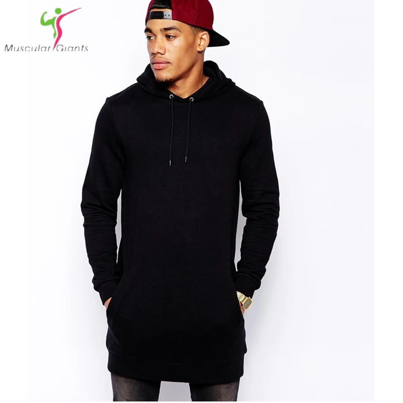 New Arrival Free Shipping Fashion Men s Long Black Hoodies Sweatshirts Feece With Side Zip Longline