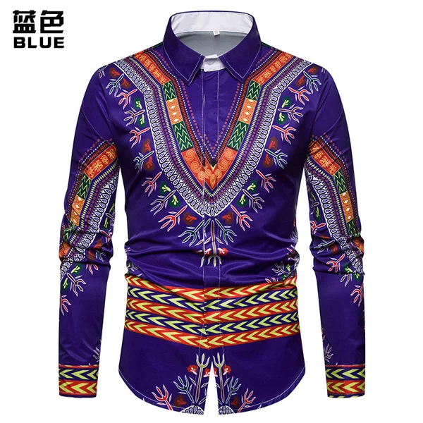 Мужские хипстерские африканские Дашики приталенные рубашки повседневные рубашки с длинным рукавом На Пуговицах Мужские традиционные африканские рубашки 3XL - Цвет: Purple
