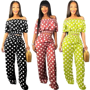 

Casual Pants Dot Print OL Style Full Length Straight Pants Pullover Slash-neck Short Sleeve Crop Top Two Sets of Summer 3 Colors