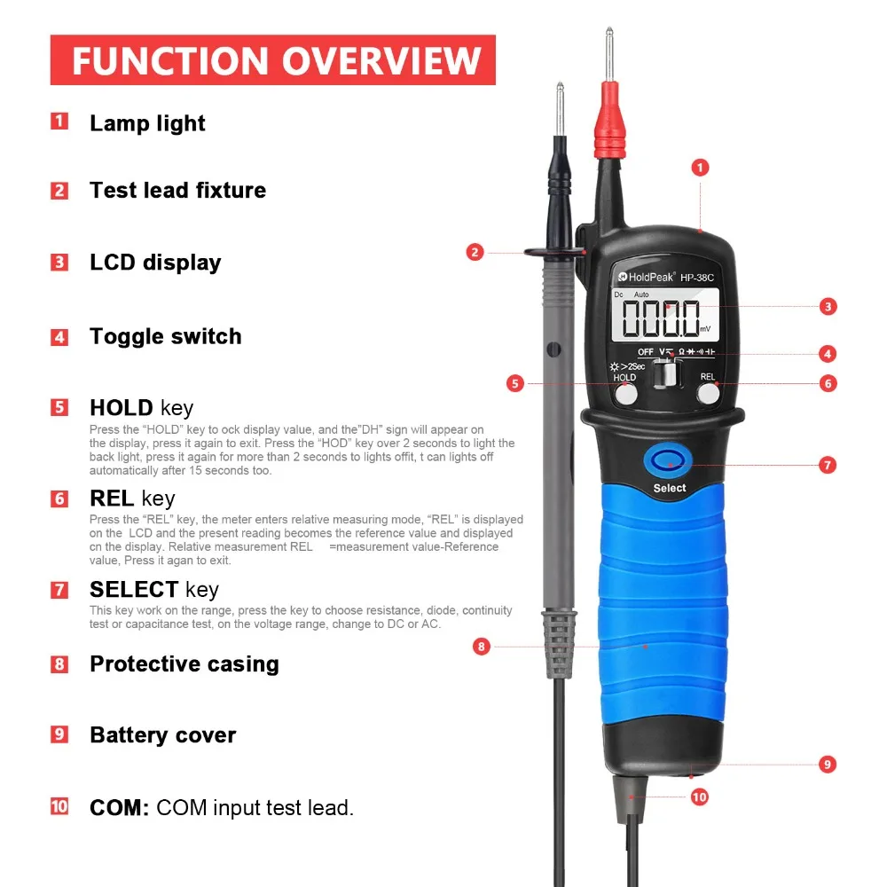 HoldPeak HP-38C цифровой автоматический диапазон Вольтметр портативный мультиметр Измерение сопротивление acvolt и диод с датой удержания