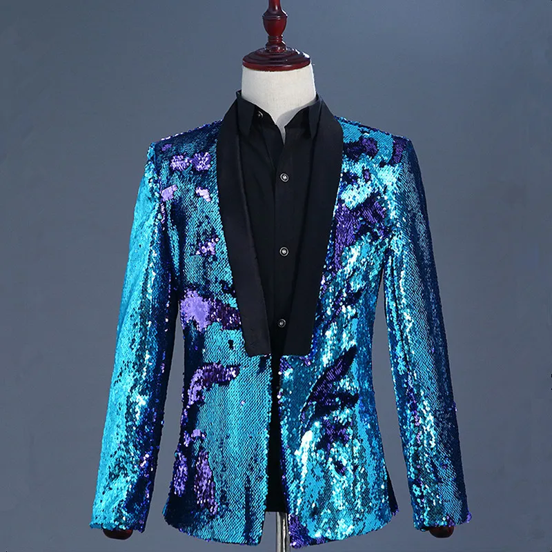 Sparkly Sequins Men Blazer Bar Male Singer Nightclub Stage Shawl Collar Suit Jackets Wedding Party Banquet Shiny Tuxedo Blazers
