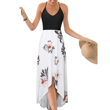 2019 Women Summer Long V-neck Sleeveless Halter Backless Sexy Colorblock Print Skater Tank Dress 2019 Women Summer Long V-neck Sleeveless Halter Backless Sexy Colorblock Print Skater Tank Dress
