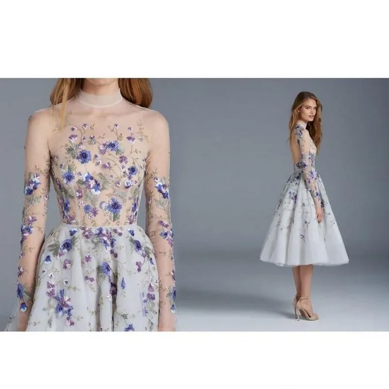 

Floral Formal Dress Mid Calf Length Long Woman Gowns robe de soiree longue Festa De Noiva High Neck Party Dresses Full Sleeve