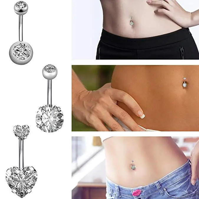 

Matewei 3pcs Navel Piercing Belly Button Rings Surgical Steel Luster Rhinestones Sexy Women Body Jewelry Round Heart Navel Ring
