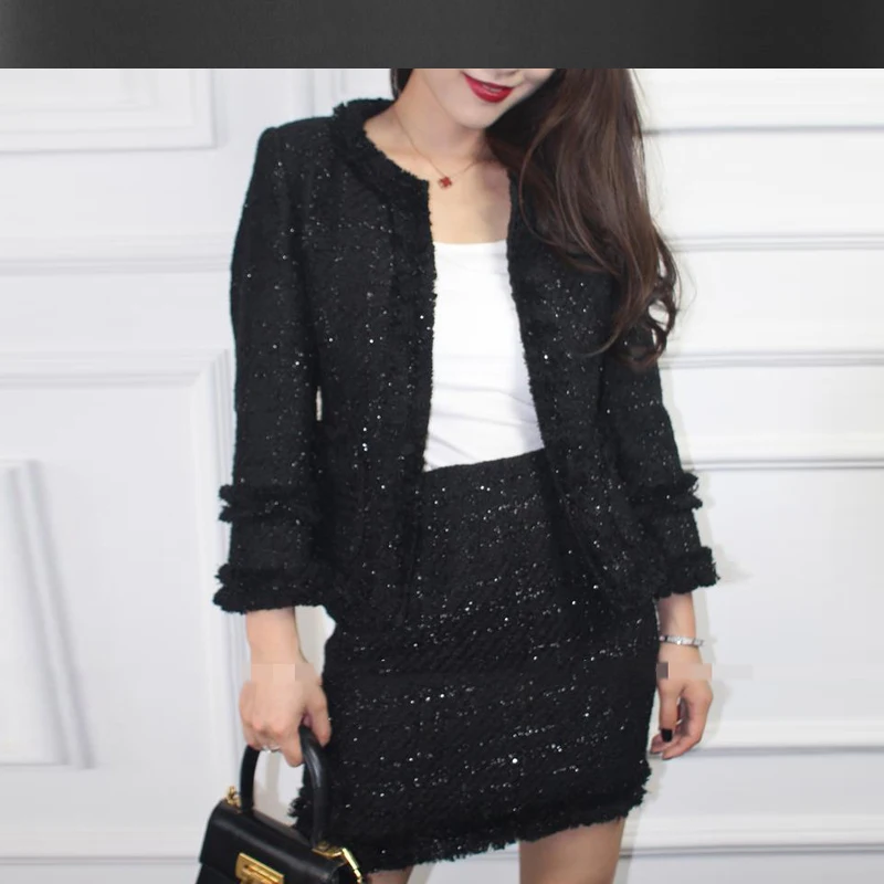 

Black tweed jacket + skirts suit advanced custom 2019 spring /autumn /winter women's jacket ladies 2 pieces skirt suit