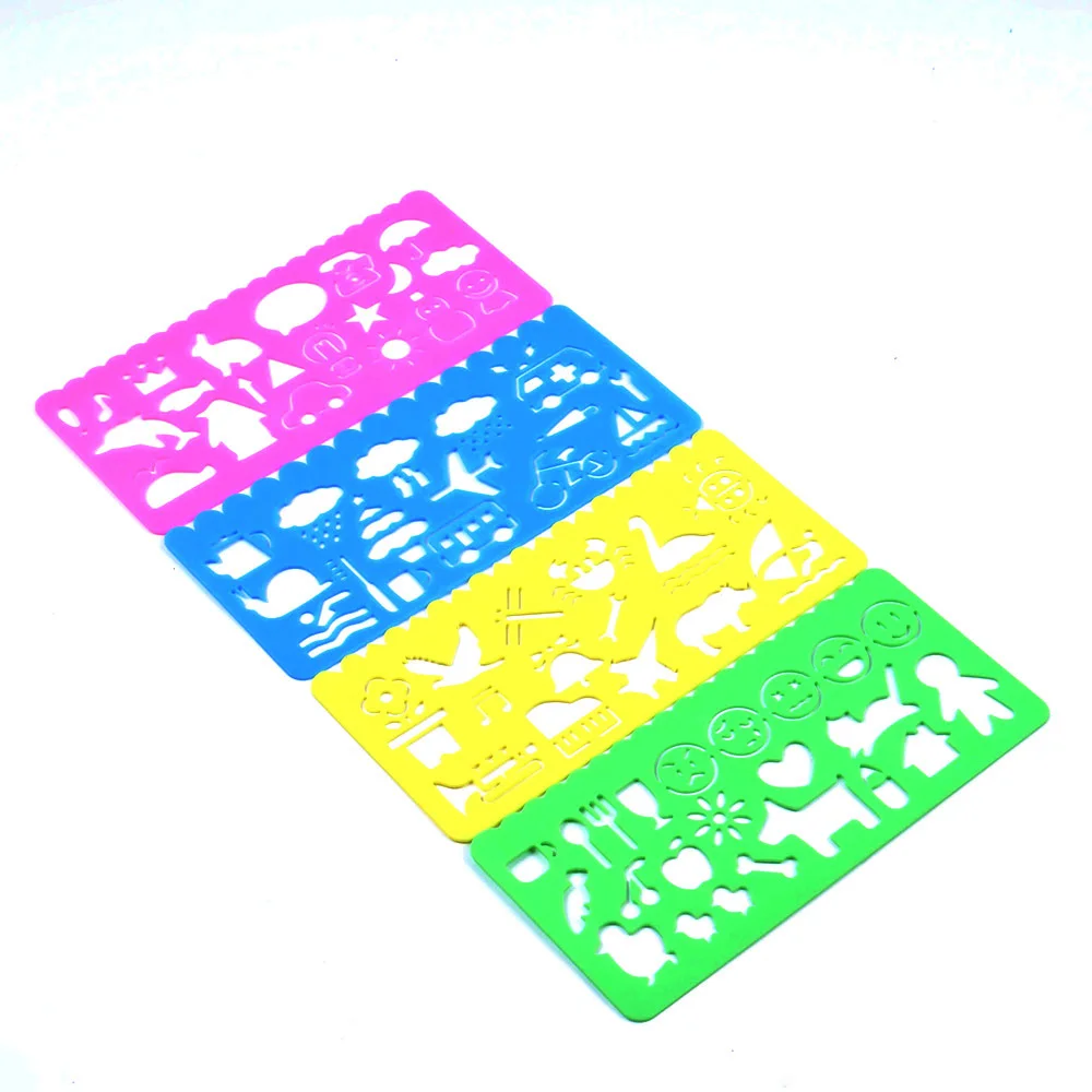 

4 x Plastic Animals Vehicles Instruments Stencil Set For Kids Art Craft Painting