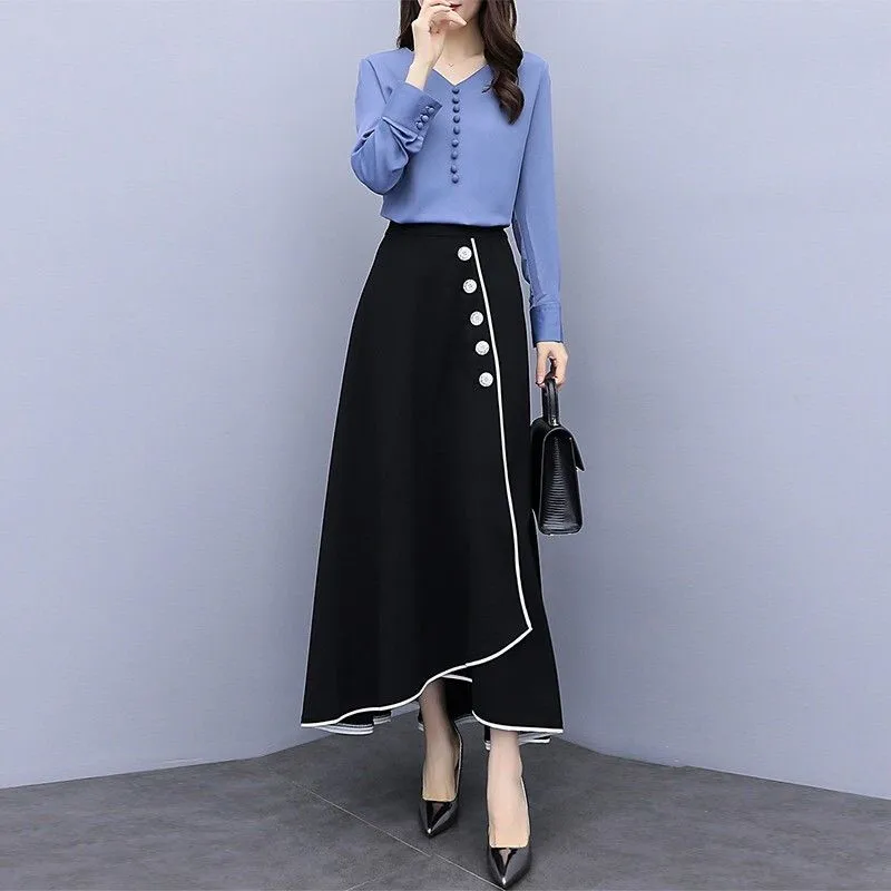 

New Spring Autumn Slim Women's 2 Two Piece Set Female Blouse + High Waist Long Skirt Sets Ladies Clothes Casual Tracksuit F128