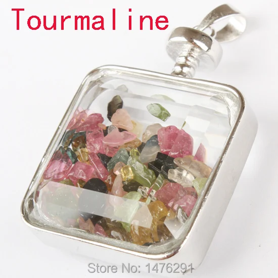 

HOT ! 30X30MM Natural Tourmaline Chip Beads Clear Crystal Glass Box Pendant 1PCS