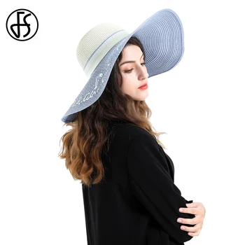 

FS Elegant Summer Straw Hat Women Big Wide Brim Beach Hat Sun Visor Letter Sequin Blue Panama Floppy Cap Bone Chapeu Feminino