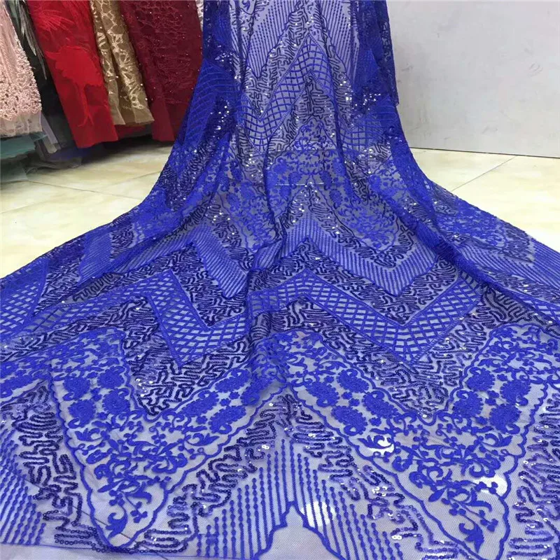 Latest African French Lace Fabric royal blue High Quality Tulle Laces Fabrics With sequins For Dresses BK004 | Дом и сад