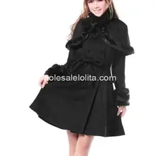 Дешевые милые черные Шерсть Сладкий зимнее пальто Лолита пальто готическая лолита Шерстяное пальто