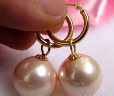 

hj 00498 16mm round pink south sea shell pearl dangle earring gold hook