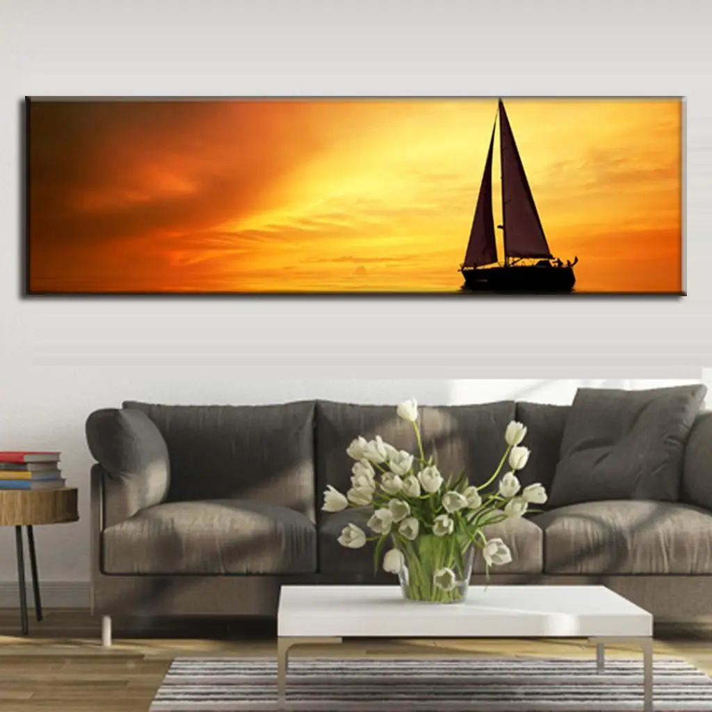 Super Large Single Painting Canvas for Living Room Decorative The Sunset Sea of Galleon Golden Hotel Decor | Дом и сад