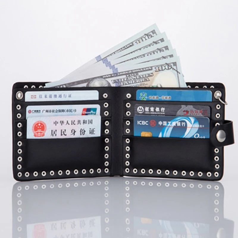 THINKTHENDO Faux Leather Cool Punk Gothic Western Skull Clutch Polyester Purse Wallets With Chain For Men